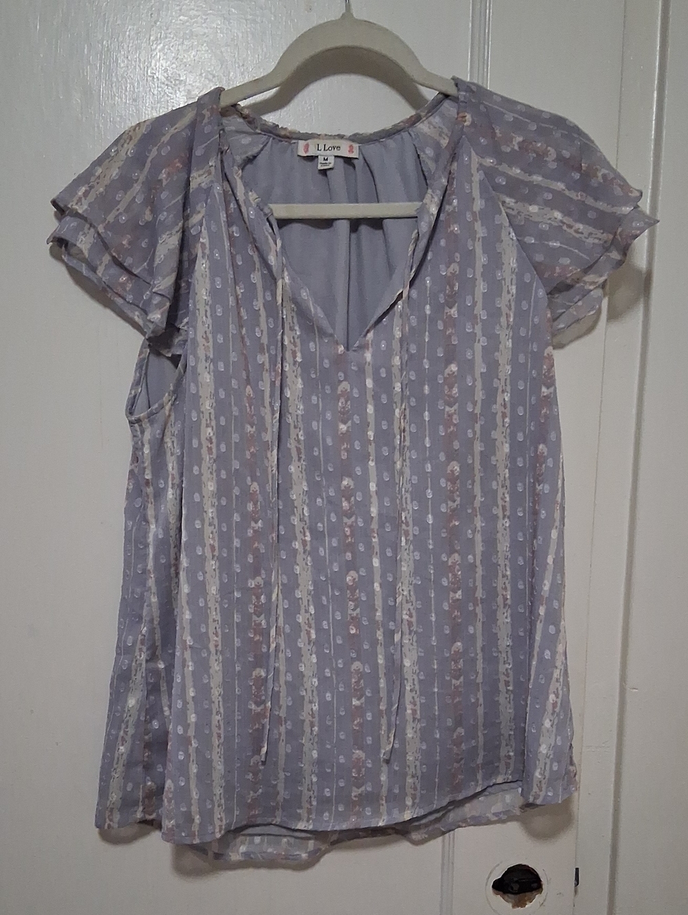 Light Lavender Floral Stripe V-Neck Ruffle Sleeve Blouse